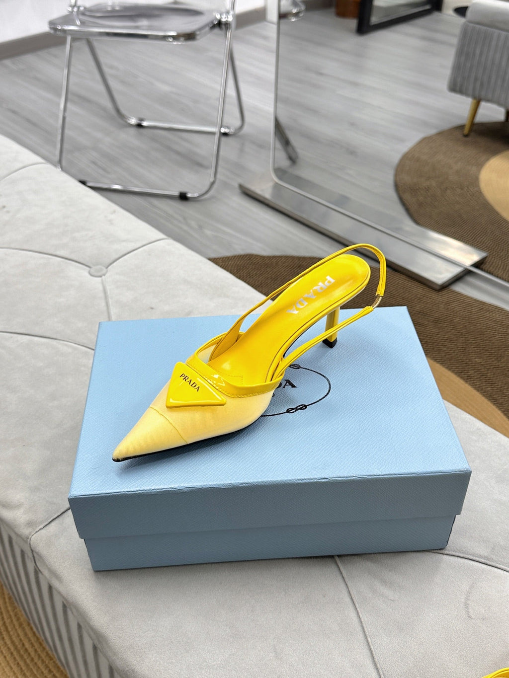 PRADA 25S TRIANGLE LOGO SLINGBACK PUMPS IN YELLOW MESH FABRIC