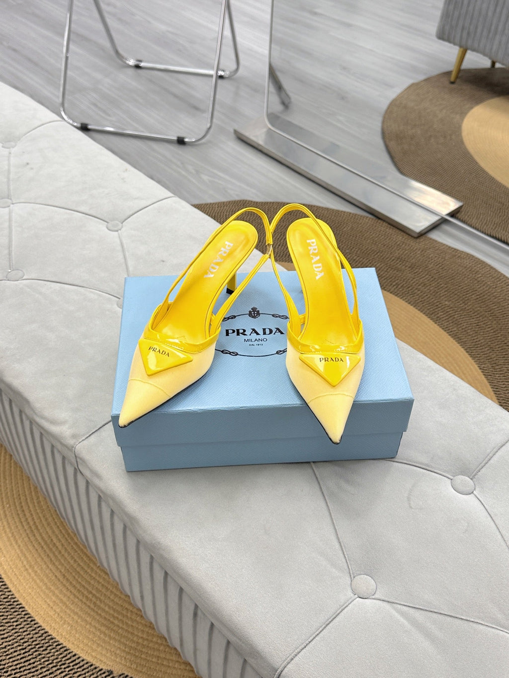 PRADA 25S TRIANGLE LOGO SLINGBACK PUMPS IN YELLOW MESH FABRIC