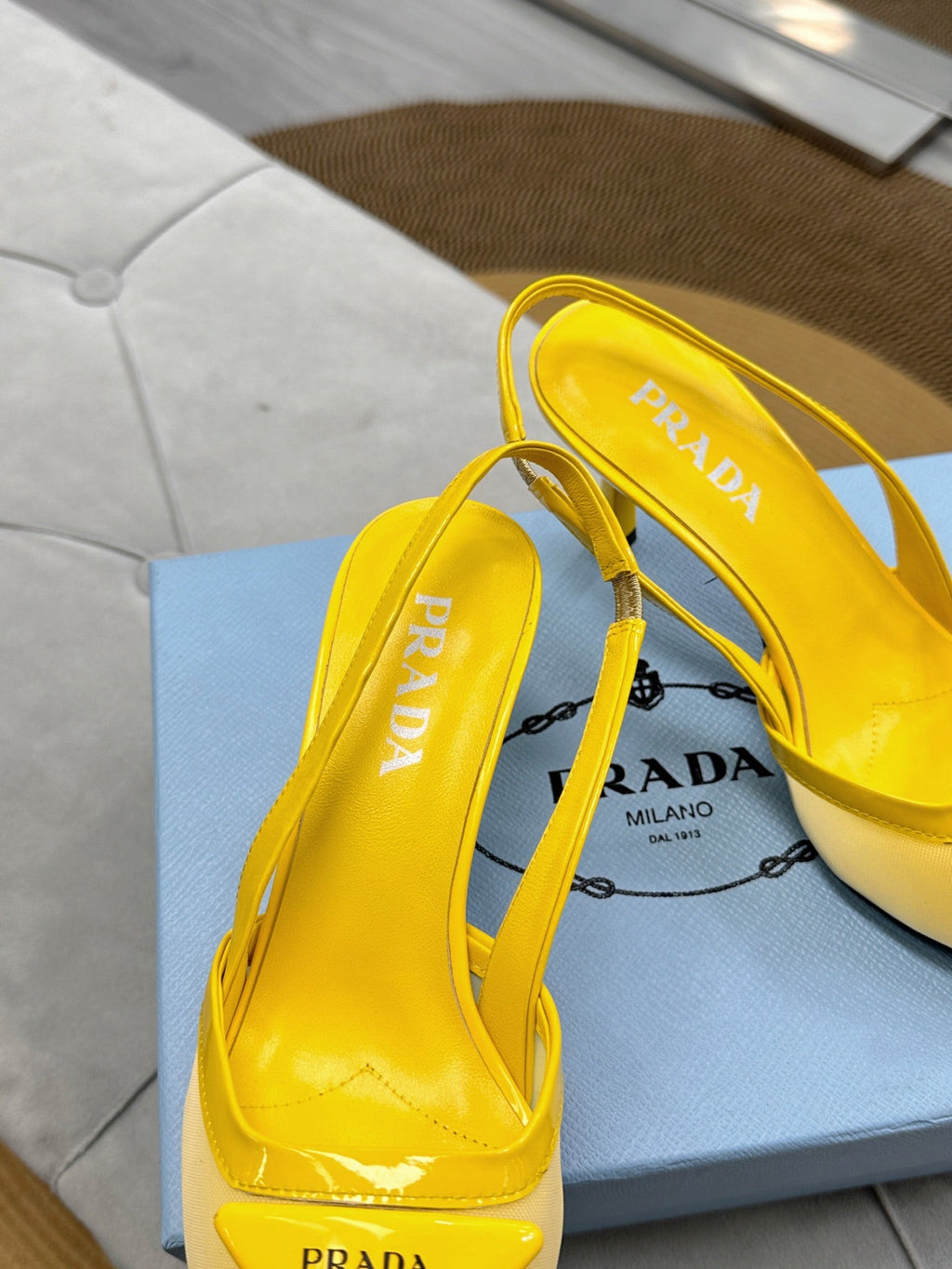PRADA 25S TRIANGLE LOGO SLINGBACK PUMPS IN YELLOW MESH FABRIC