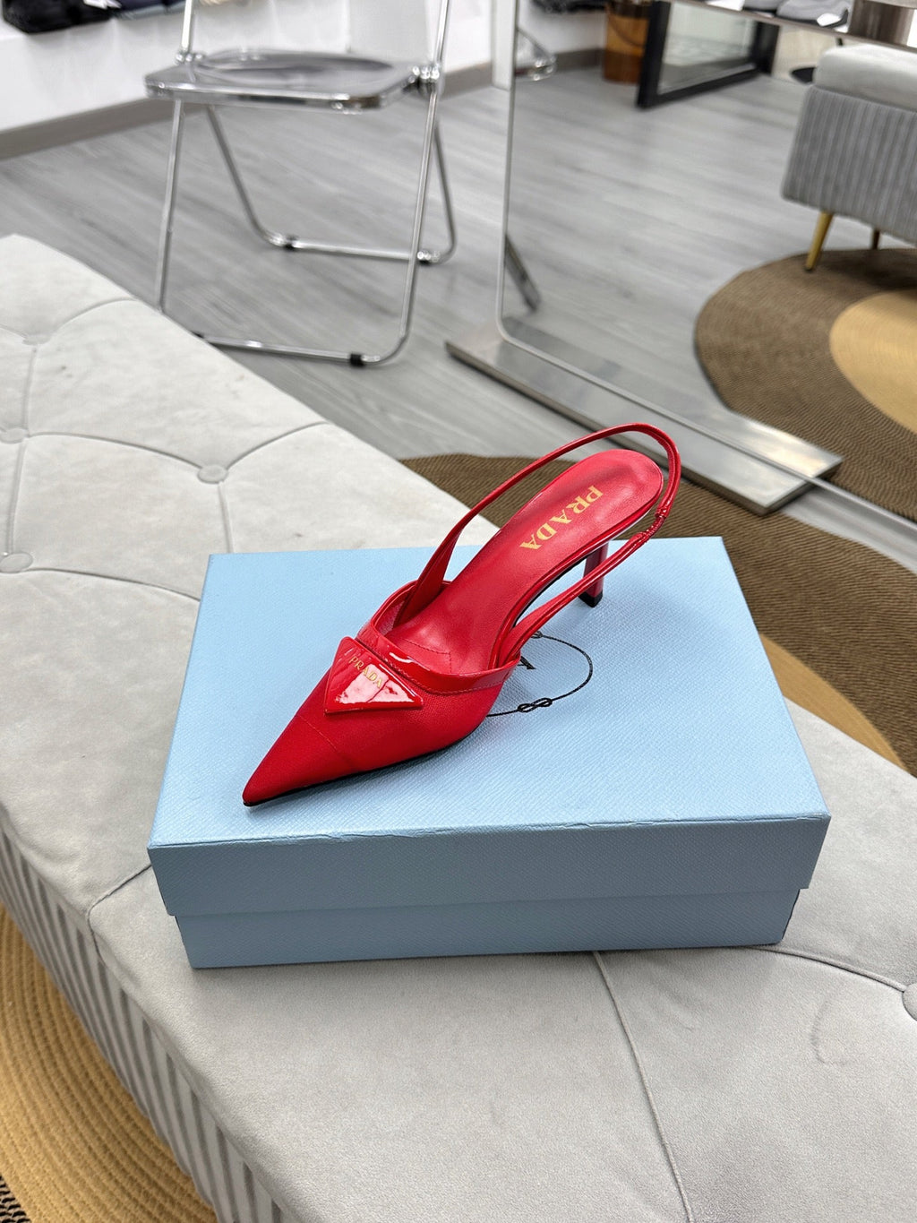 PRADA 25S TRIANGLE LOGO SLINGBACK PUMPS IN RED MESH FABRIC