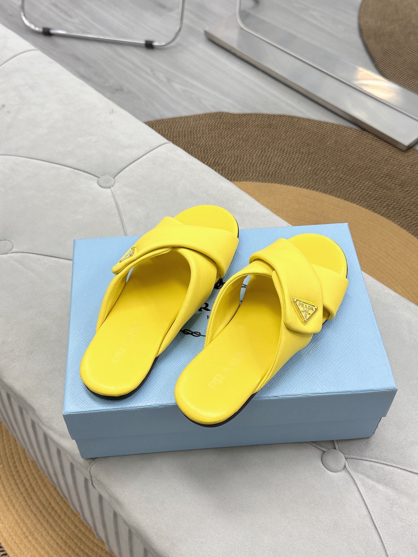 PRADA 25S SLIDE SANDALS IN YELLOW CALFSKIN LOGO