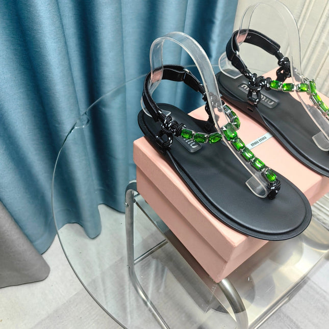 FLIP-FLOPS BLACK COWHIDE WITH CRYSTALS-KELLY GREEN