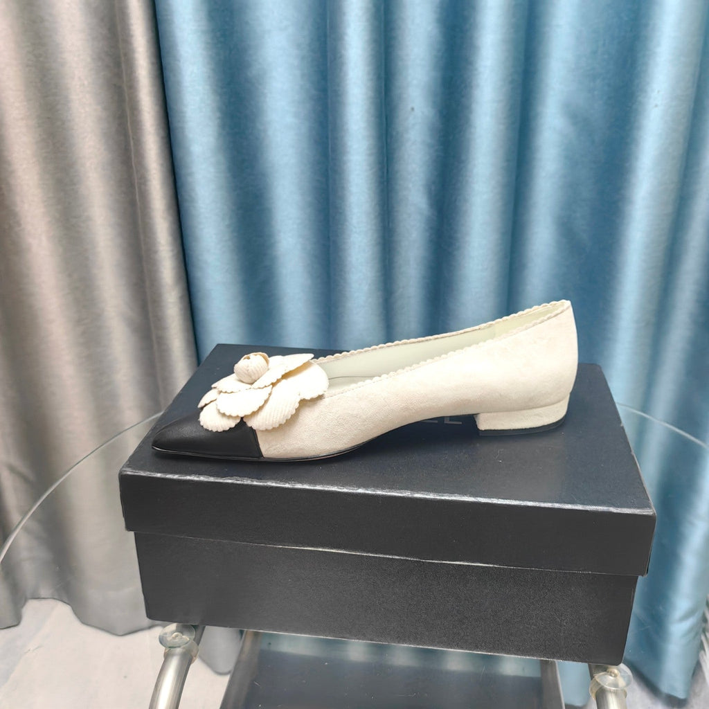 CC BALLET FLAT IN WHITE SUEDE AND BLACK CALFSKIN WITH FLOWER