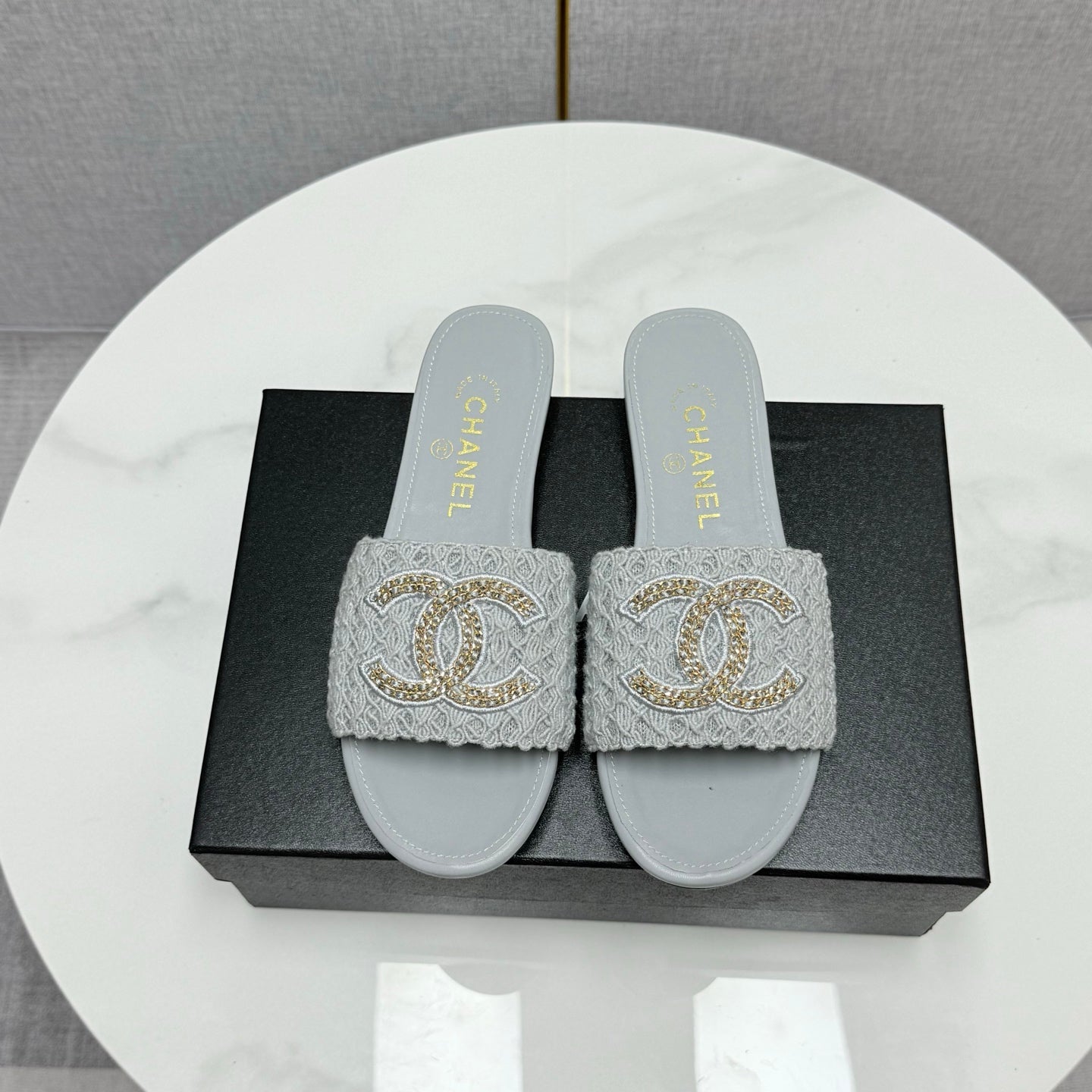 CC SLIDE SANDALS 25S IN DUSTY BLUE GREY FABRIC AND CALFSKIN WITH LOGO