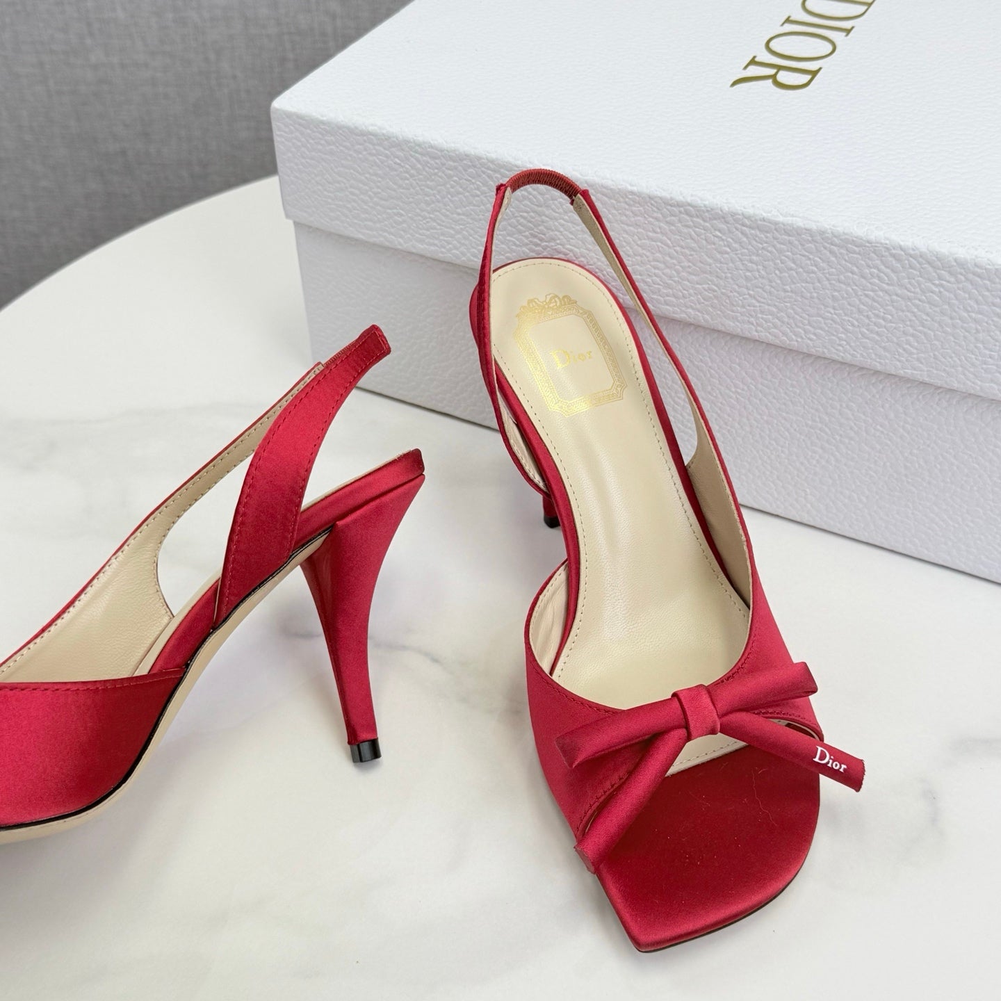 DIOR 26S HIGH-HEEL BACK-STRAP SHOES IN DARK RED SATIN