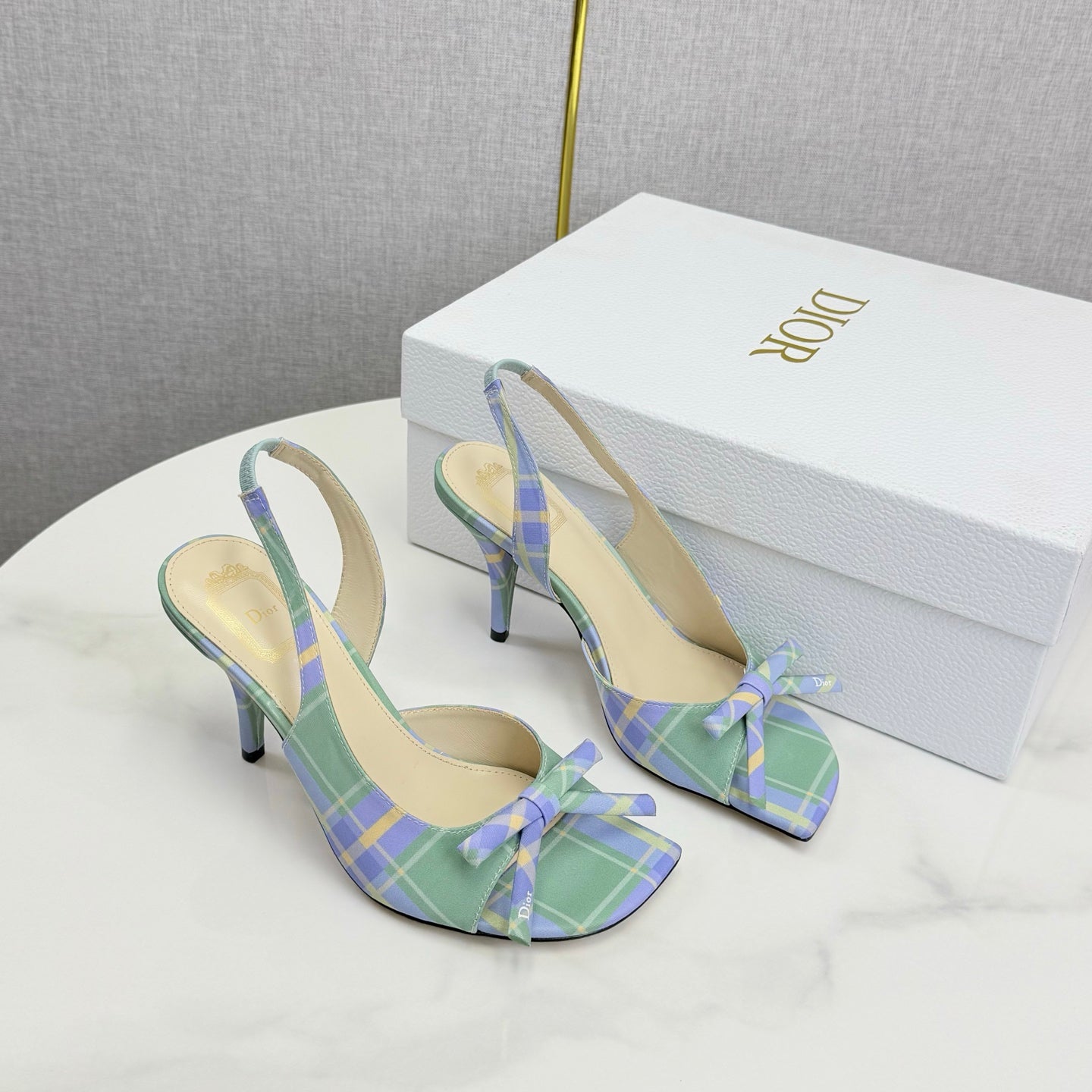 DIOR 26S HIGH-HEEL BACK-STRAP SHOES IN LIGHT LAVENDER AND SAGE GREEN FABRIC