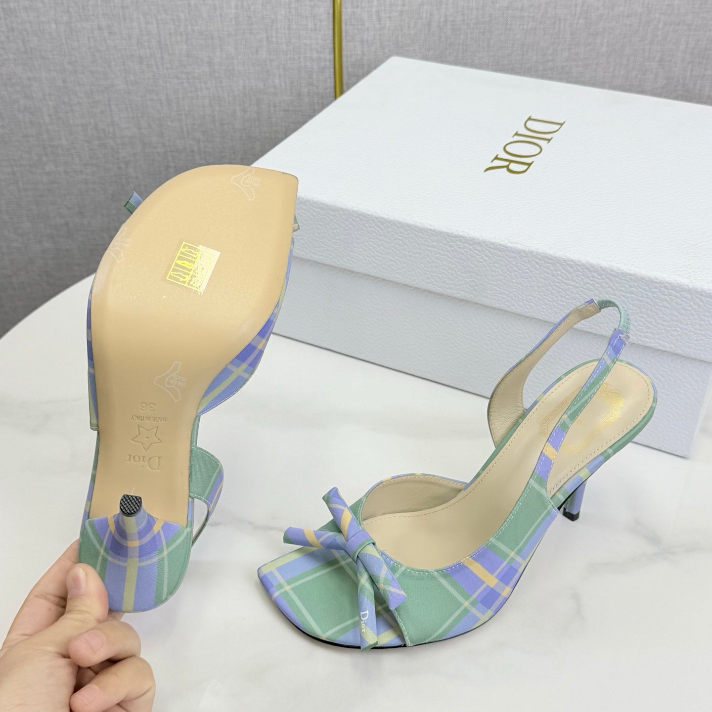 DIOR 26S HIGH-HEEL BACK-STRAP SHOES IN LIGHT LAVENDER AND SAGE GREEN FABRIC