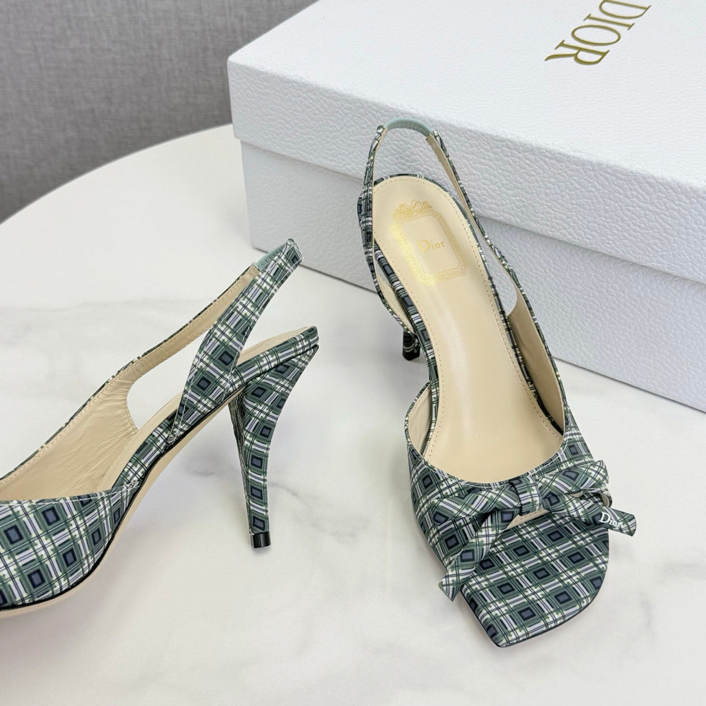 DIOR 26S HIGH-HEEL BACK-STRAP SHOES FABRIC WITH PLAID PATTERN