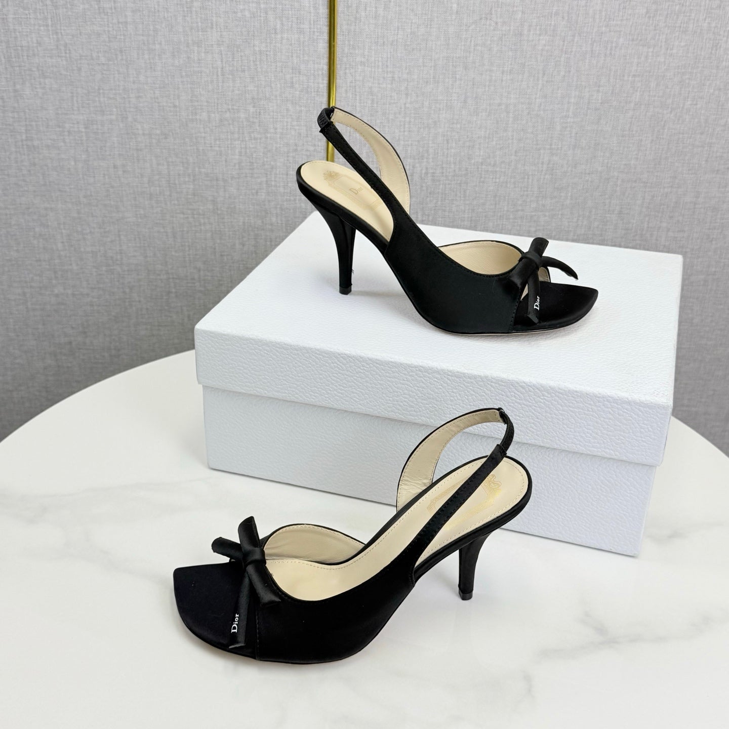 DIOR 26S HIGH-HEEL BACK-STRAP SHOES IN BLACK SATIN