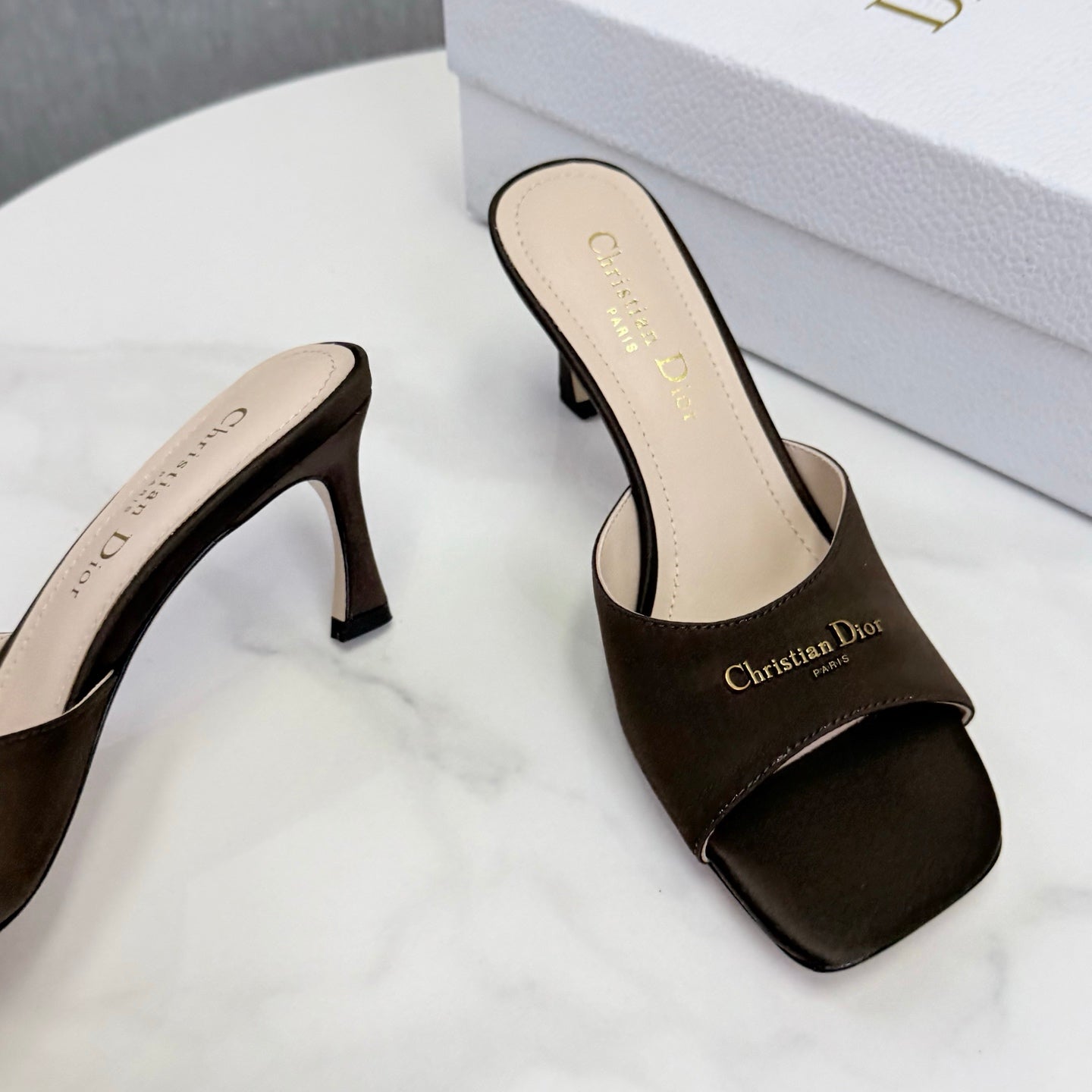DIOR 26S HIGH-HEELED MULES IN DARK BROWN SATIN GOLD HARDWARE