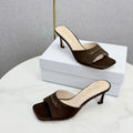 DIOR 26S HIGH-HEELED MULES IN DARK BROWN SATIN GOLD HARDWARE