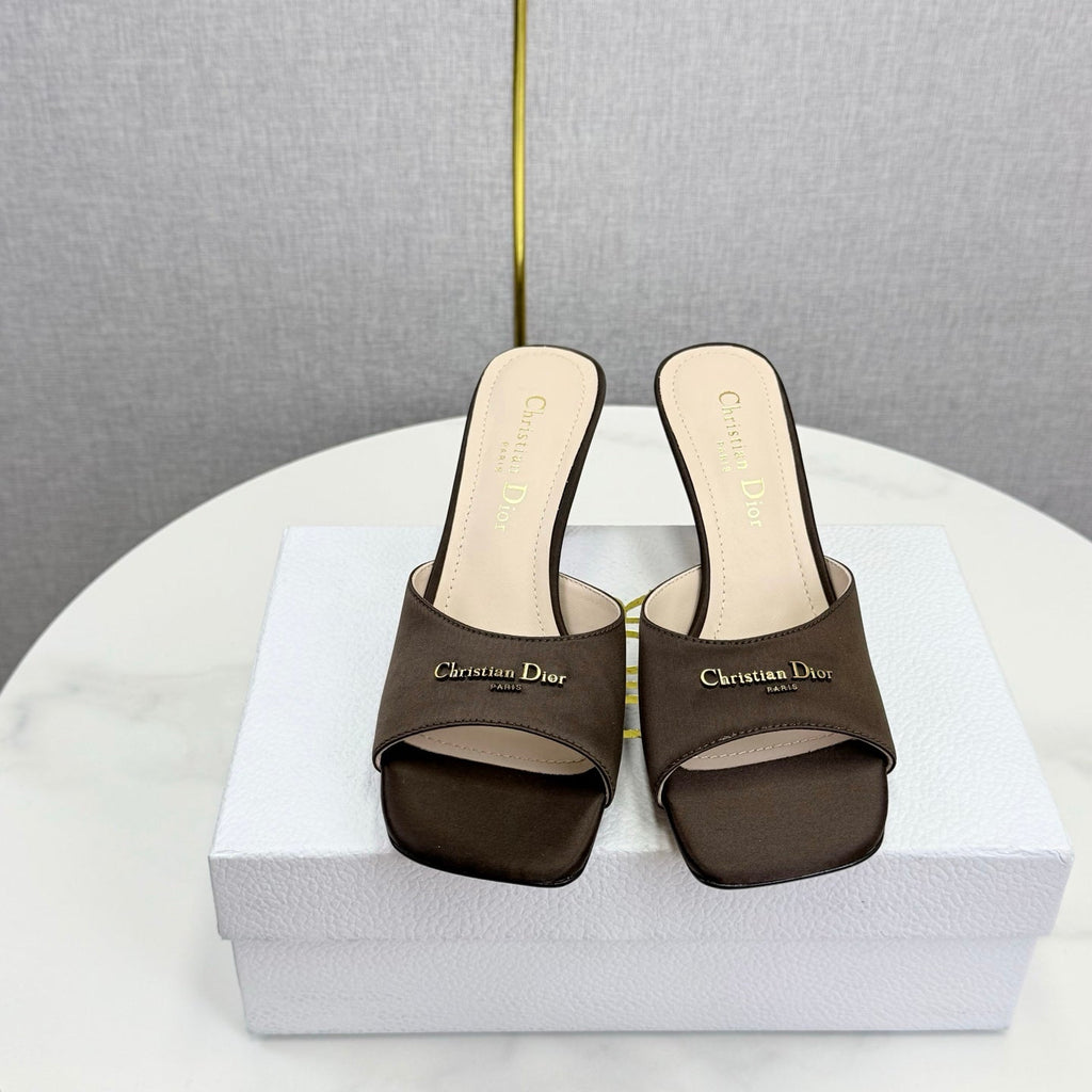DIOR 26S HIGH-HEELED MULES IN DARK BROWN SATIN GOLD HARDWARE