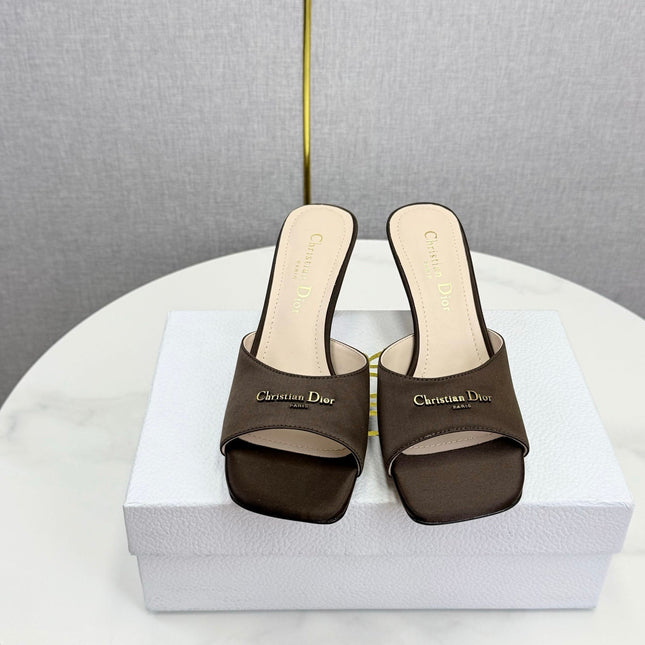 DIOR 26S HIGH-HEELED MULES IN DARK BROWN SATIN GOLD HARDWARE