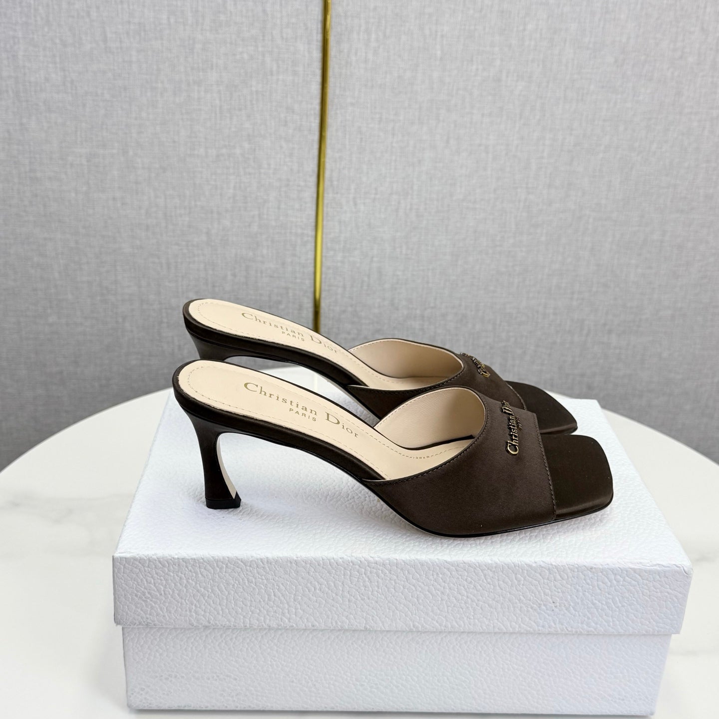 DIOR 26S HIGH-HEELED MULES IN DARK BROWN SATIN GOLD HARDWARE