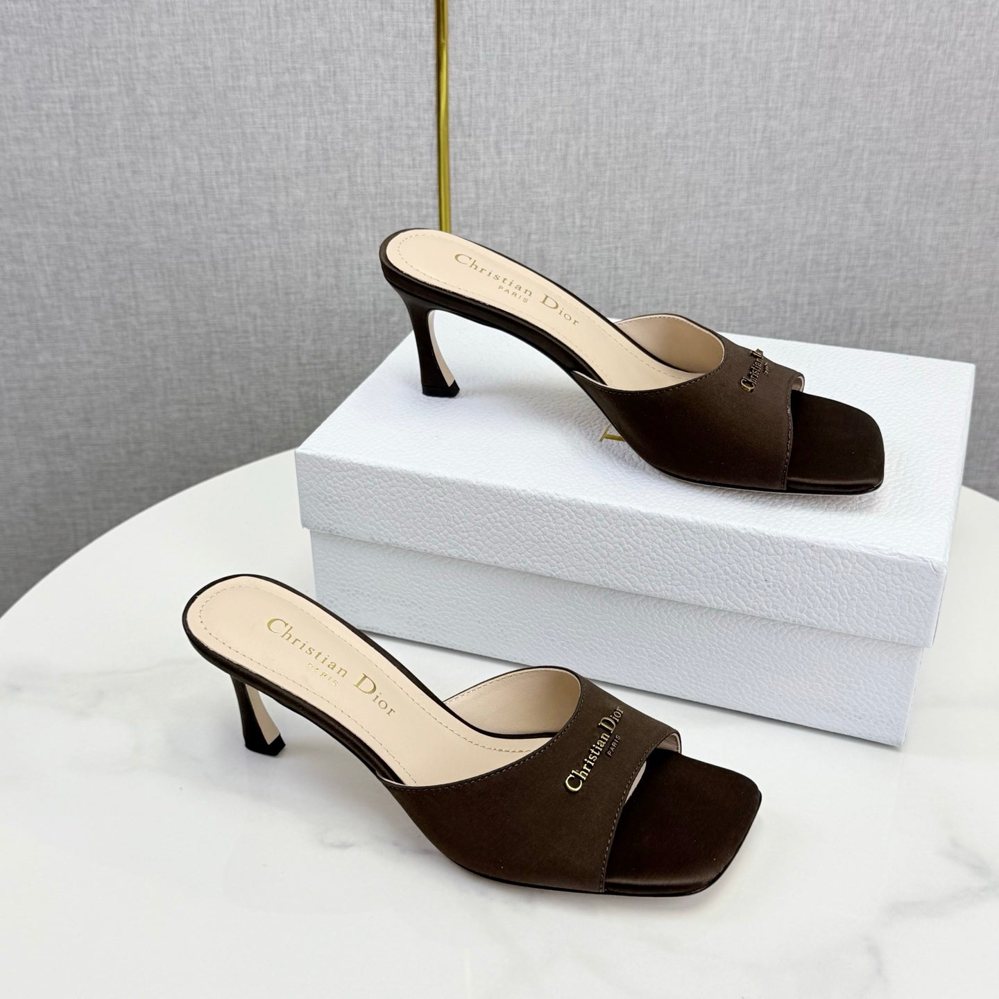 DIOR 26S HIGH-HEELED MULES IN DARK BROWN SATIN GOLD HARDWARE