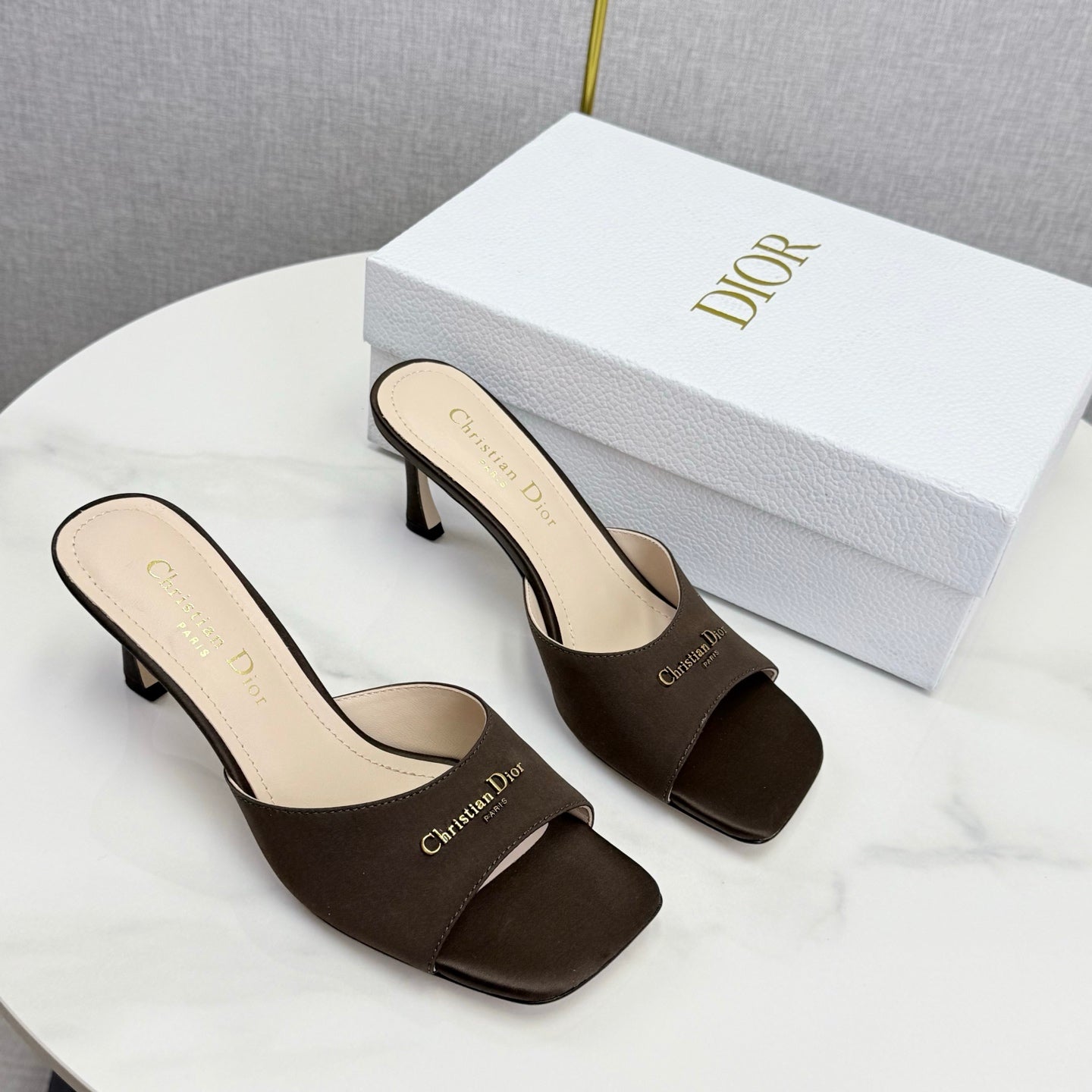 DIOR 26S HIGH-HEELED MULES IN DARK BROWN SATIN GOLD HARDWARE