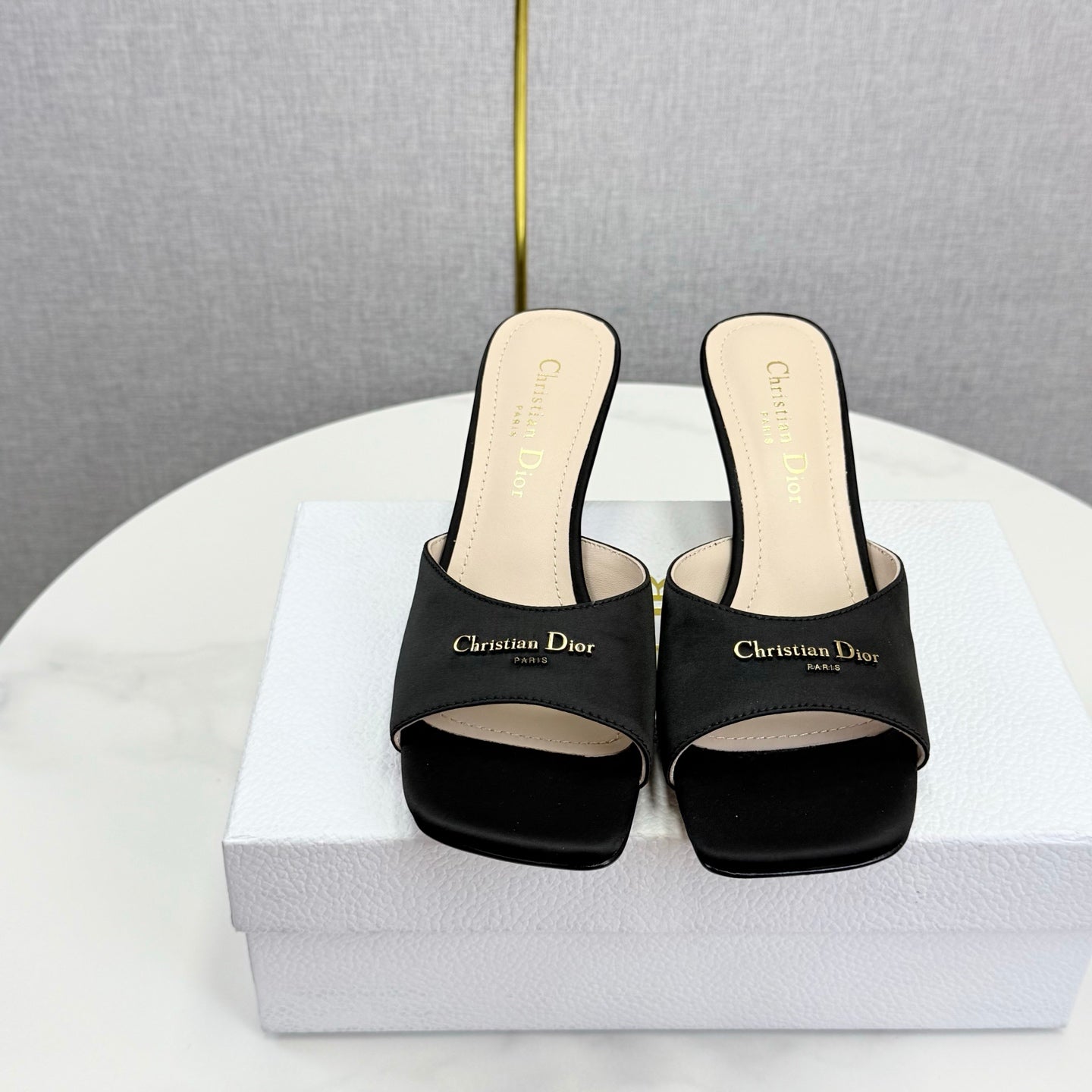 DIOR 26S HIGH-HEELED MULES IN BLACK SATIN GOLD HARDWARE