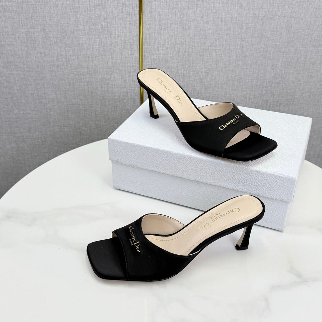 DIOR 26S HIGH-HEELED MULES IN BLACK SATIN GOLD HARDWARE