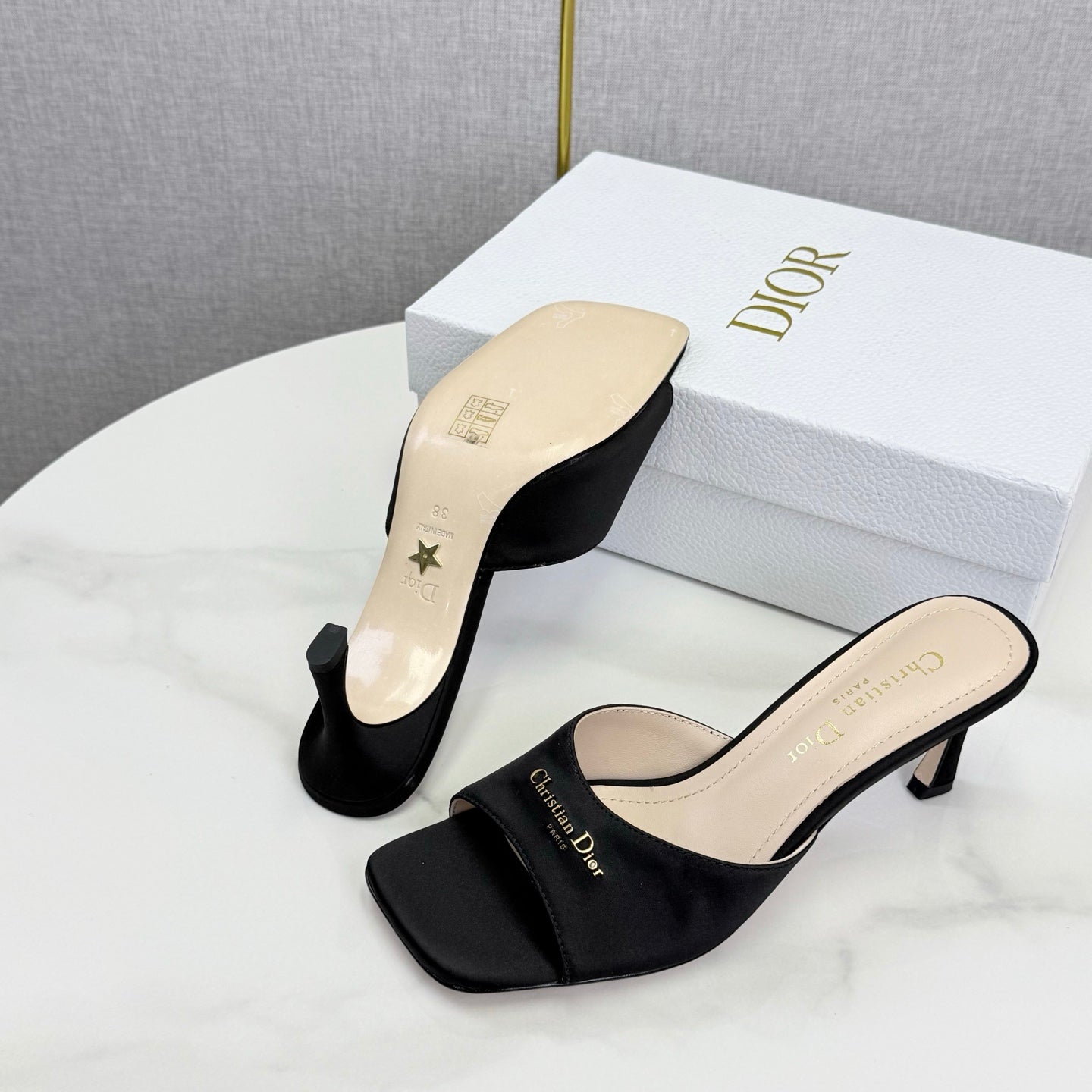 DIOR 26S HIGH-HEELED MULES IN BLACK SATIN GOLD HARDWARE