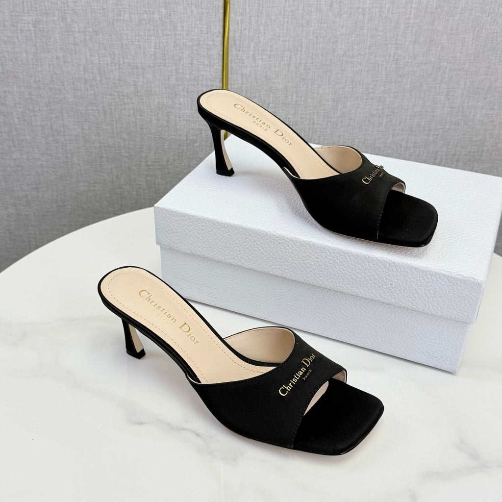 DIOR 26S HIGH-HEELED MULES IN BLACK SATIN GOLD HARDWARE