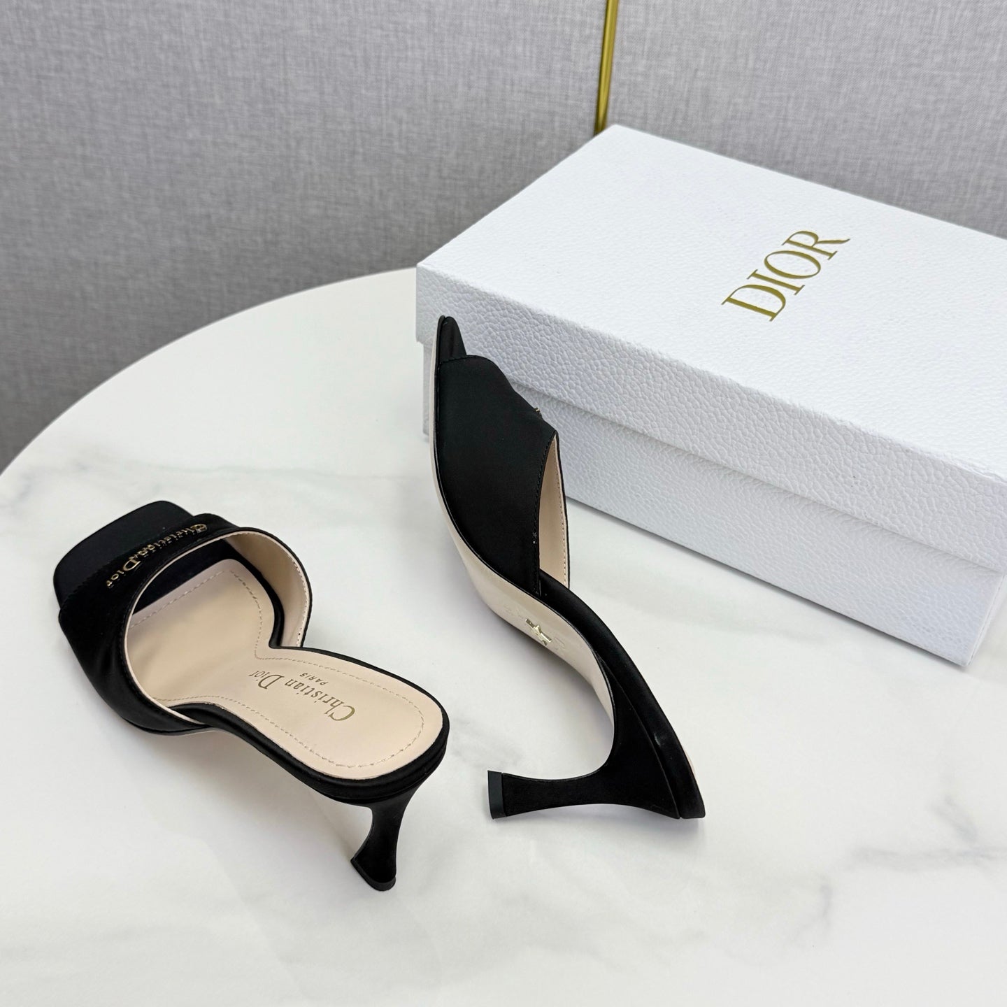 DIOR 26S HIGH-HEELED MULES IN BLACK SATIN GOLD HARDWARE