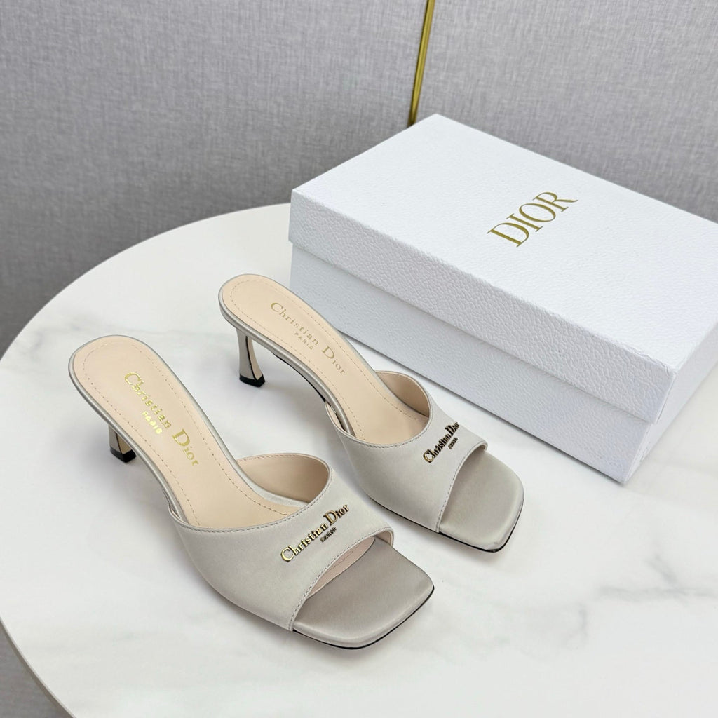 DIOR 26S HIGH-HEELED MULES IN LIGHT GRAY SATIN GOLD HARDWARE