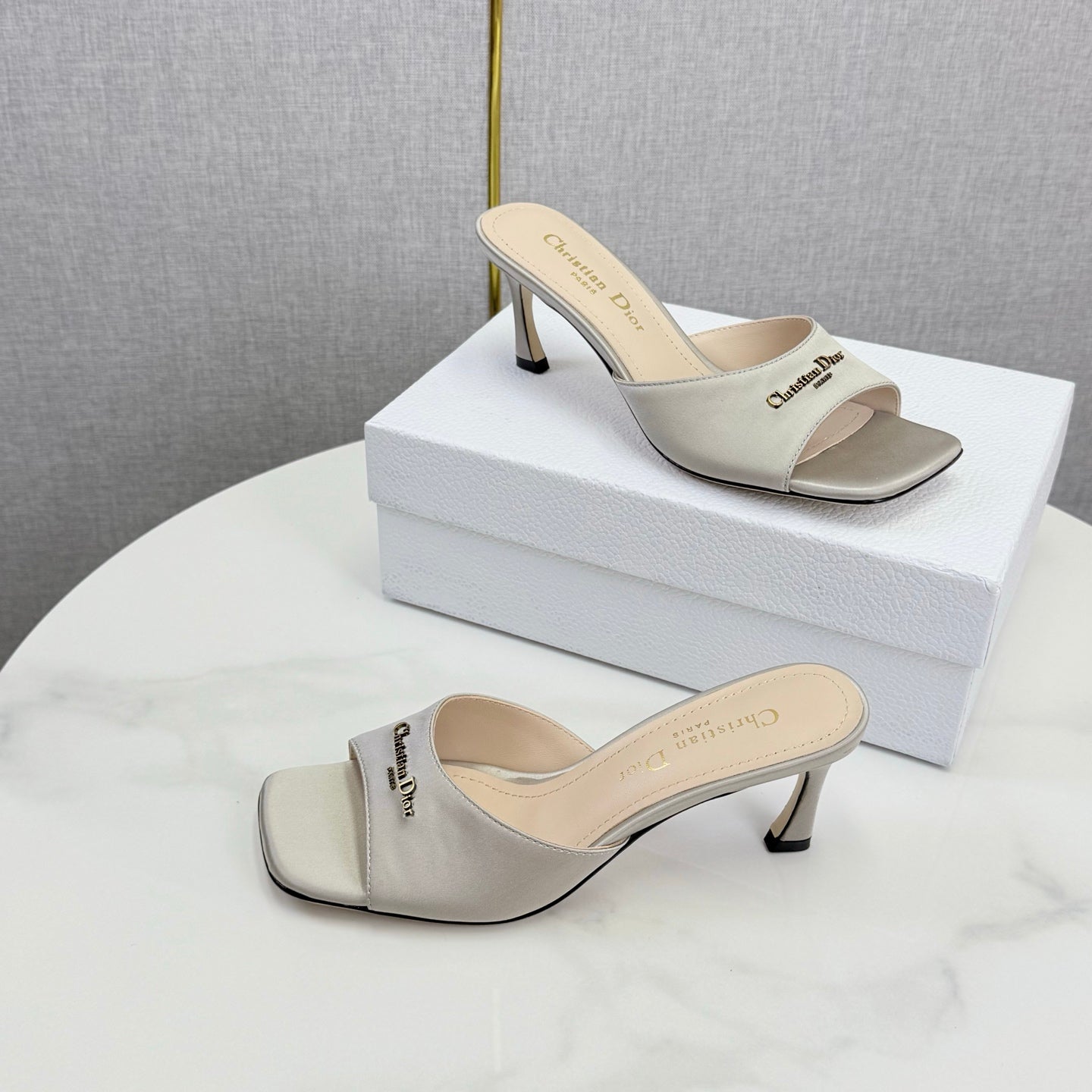 DIOR 26S HIGH-HEELED MULES IN LIGHT GRAY SATIN GOLD HARDWARE