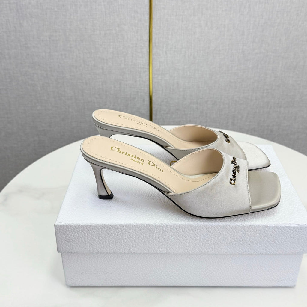 DIOR 26S HIGH-HEELED MULES IN LIGHT GRAY SATIN GOLD HARDWARE