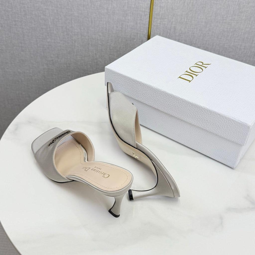 DIOR 26S HIGH-HEELED MULES IN LIGHT GRAY SATIN GOLD HARDWARE
