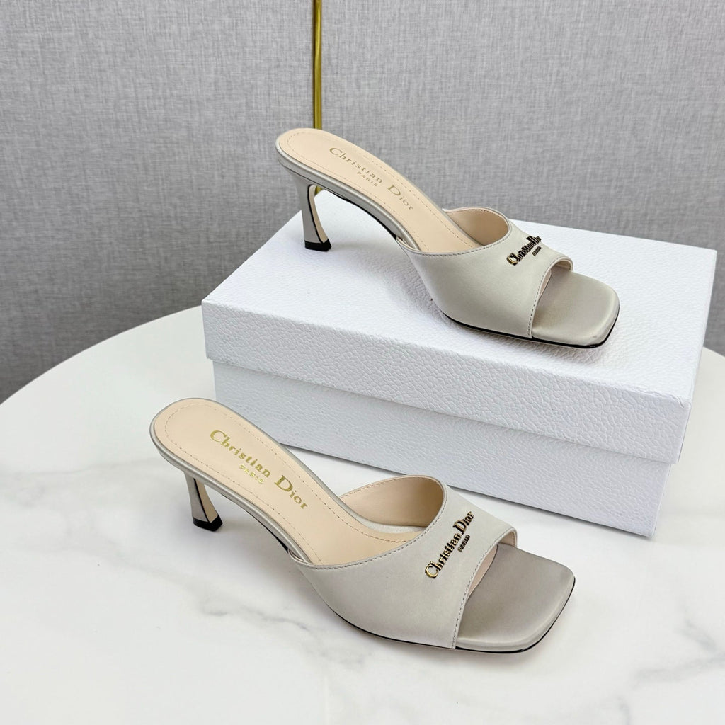 DIOR 26S HIGH-HEELED MULES IN LIGHT GRAY SATIN GOLD HARDWARE