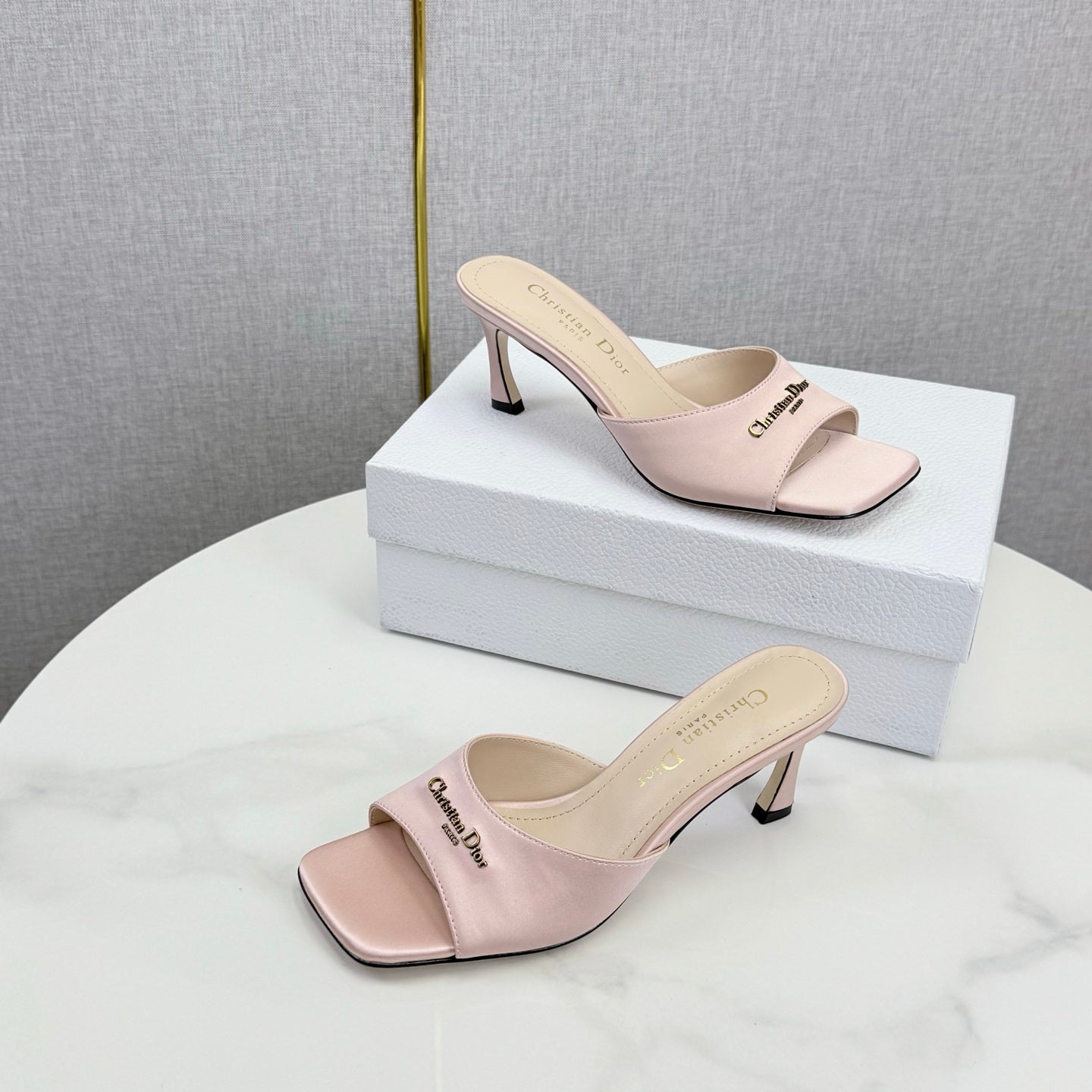 DIOR 26S HIGH-HEELED MULES IN LIGHT PINK SATIN GOLD HARDWARE