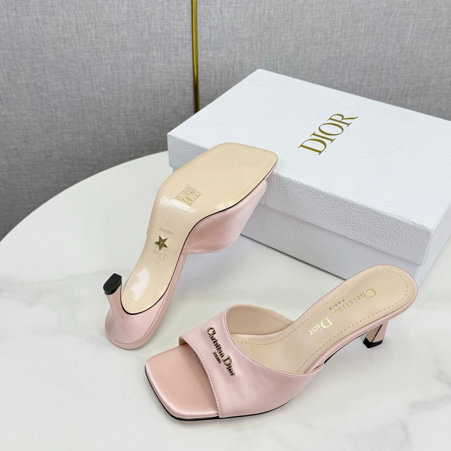 DIOR 26S HIGH-HEELED MULES IN LIGHT PINK SATIN GOLD HARDWARE
