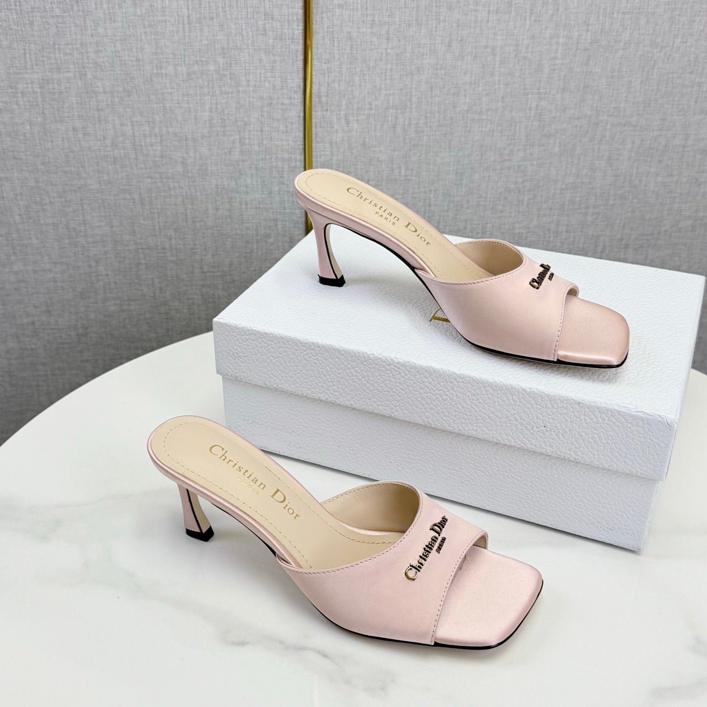 DIOR 26S HIGH-HEELED MULES IN LIGHT PINK SATIN GOLD HARDWARE