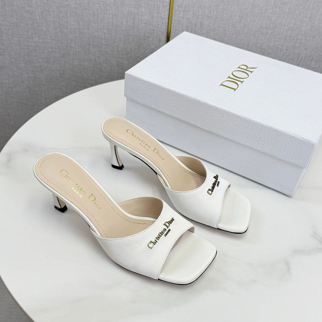 DIOR 26S HIGH-HEELED MULES IN WHITE SATIN GOLD HARDWARE