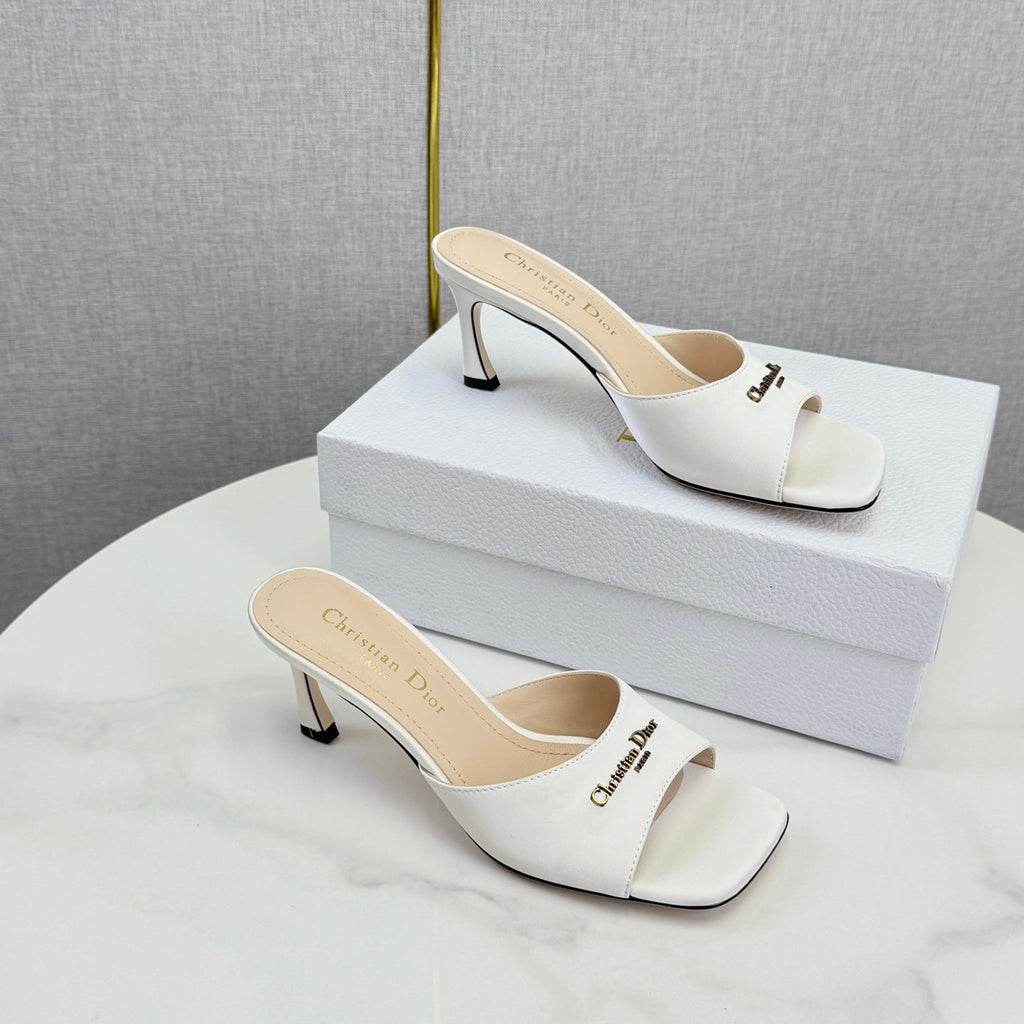 DIOR 26S HIGH-HEELED MULES IN WHITE SATIN GOLD HARDWARE
