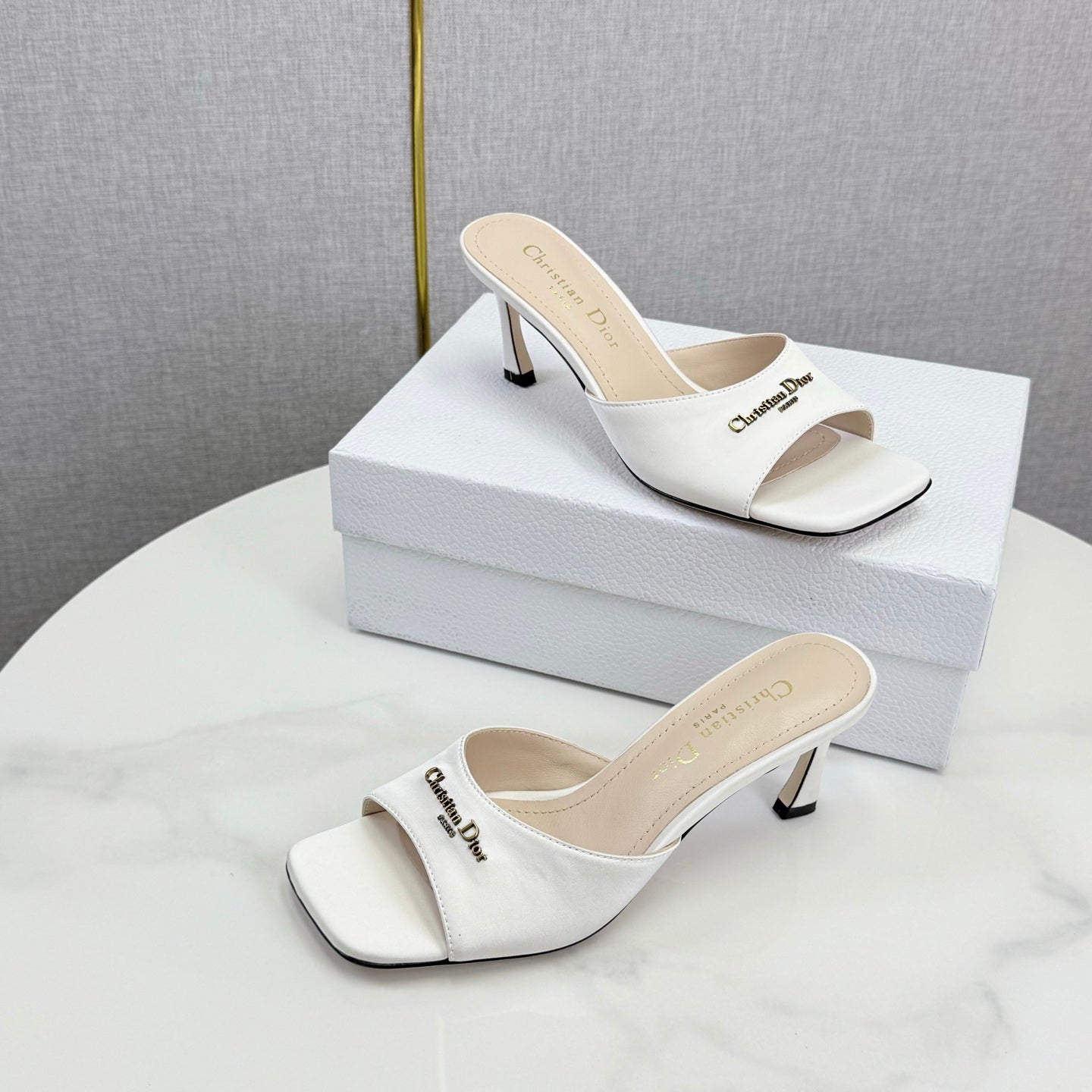 DIOR 26S HIGH-HEELED MULES IN WHITE SATIN GOLD HARDWARE