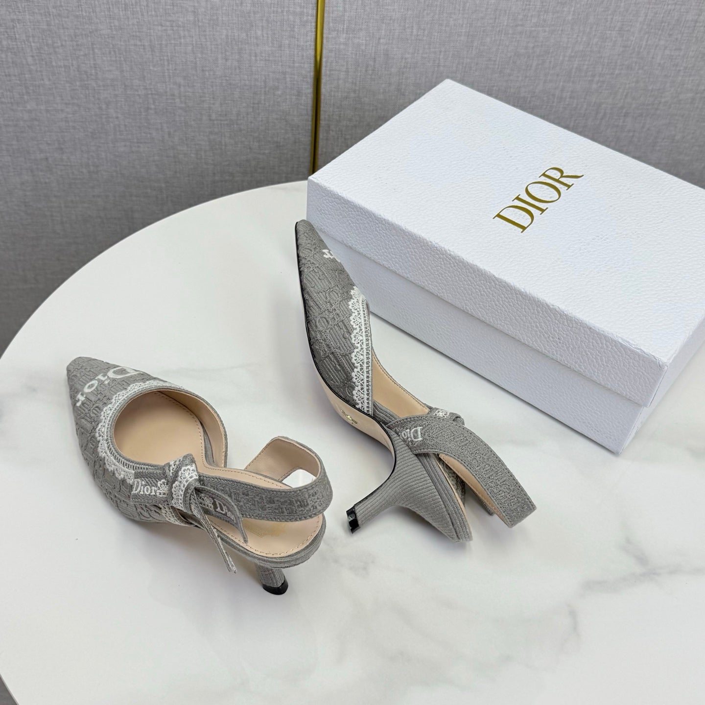 DIOR 26S SLINGBACK PUMPS IN GRAY FABRIC EMBOSSED LOGO