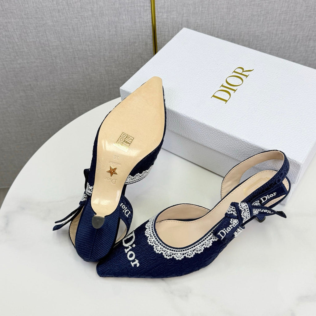 DIOR 26S SLINGBACK PUMPS IN NAVY BLUE FABRIC EMBOSSED LOGO