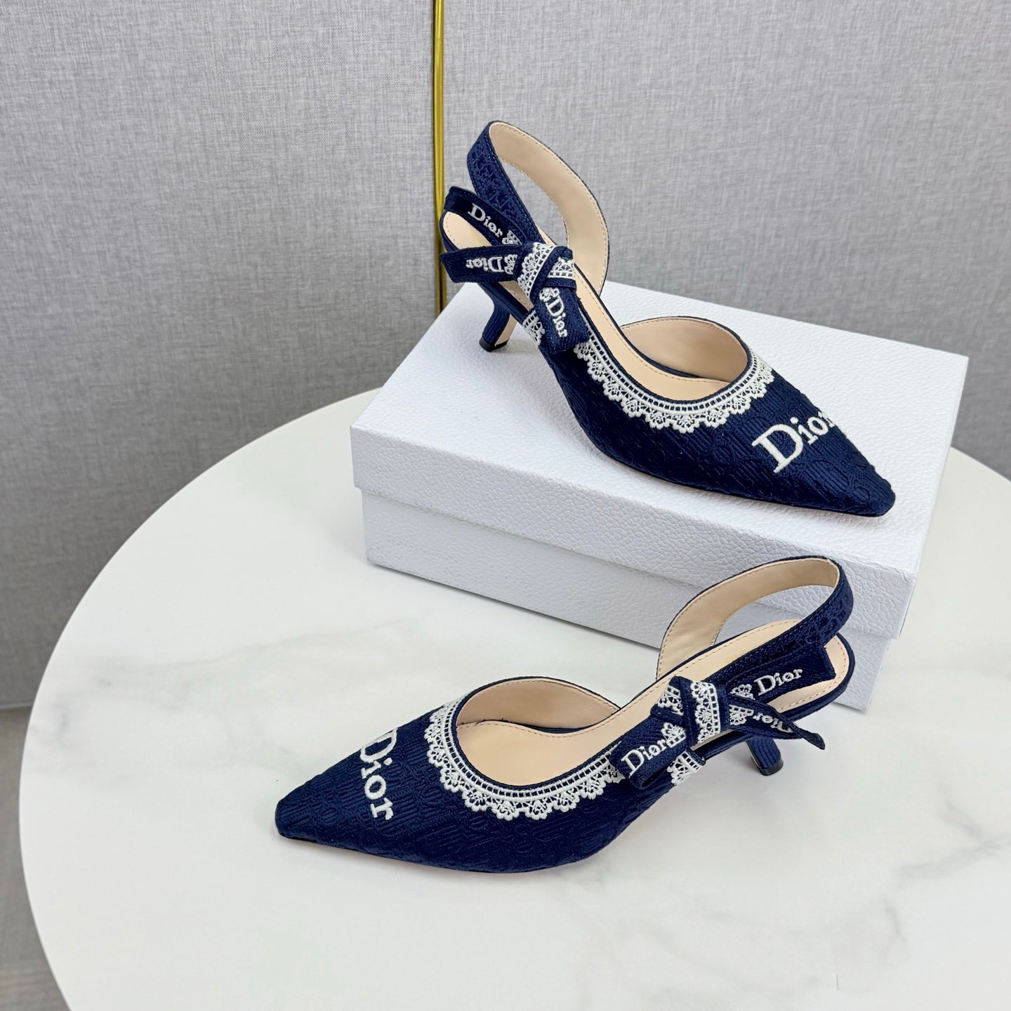 DIOR 26S SLINGBACK PUMPS IN NAVY BLUE FABRIC EMBOSSED LOGO