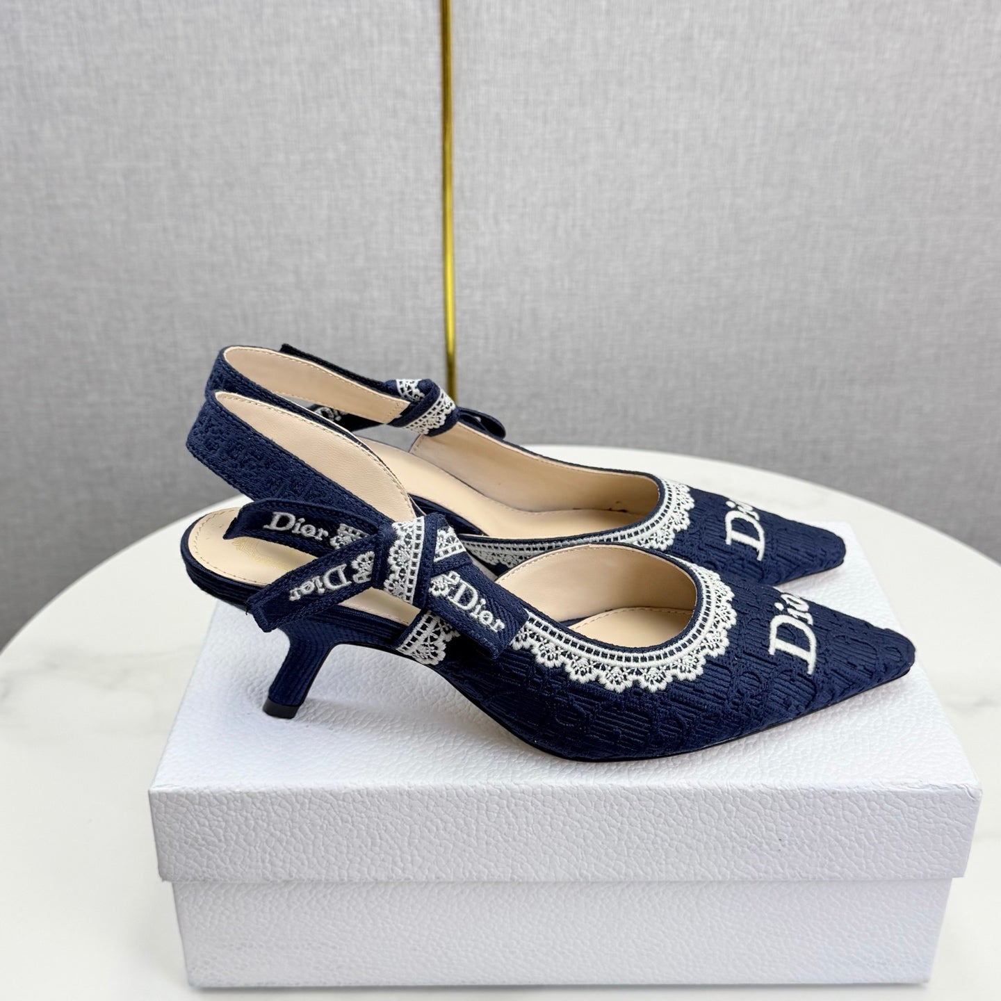 DIOR 26S SLINGBACK PUMPS IN NAVY BLUE FABRIC EMBOSSED LOGO