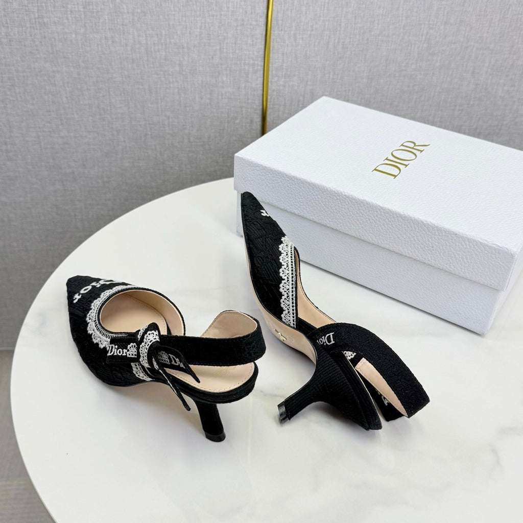 DIOR 26S SLINGBACK PUMPS IN BLACK FABRIC EMBOSSED LOGO