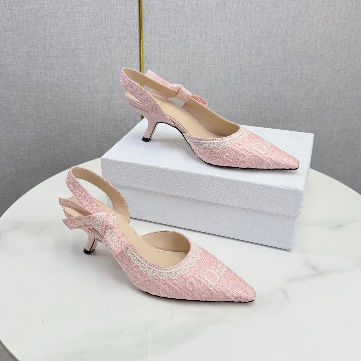 DIOR 26S SLINGBACK PUMPS IN PINK FABRIC EMBOSSED LOGO
