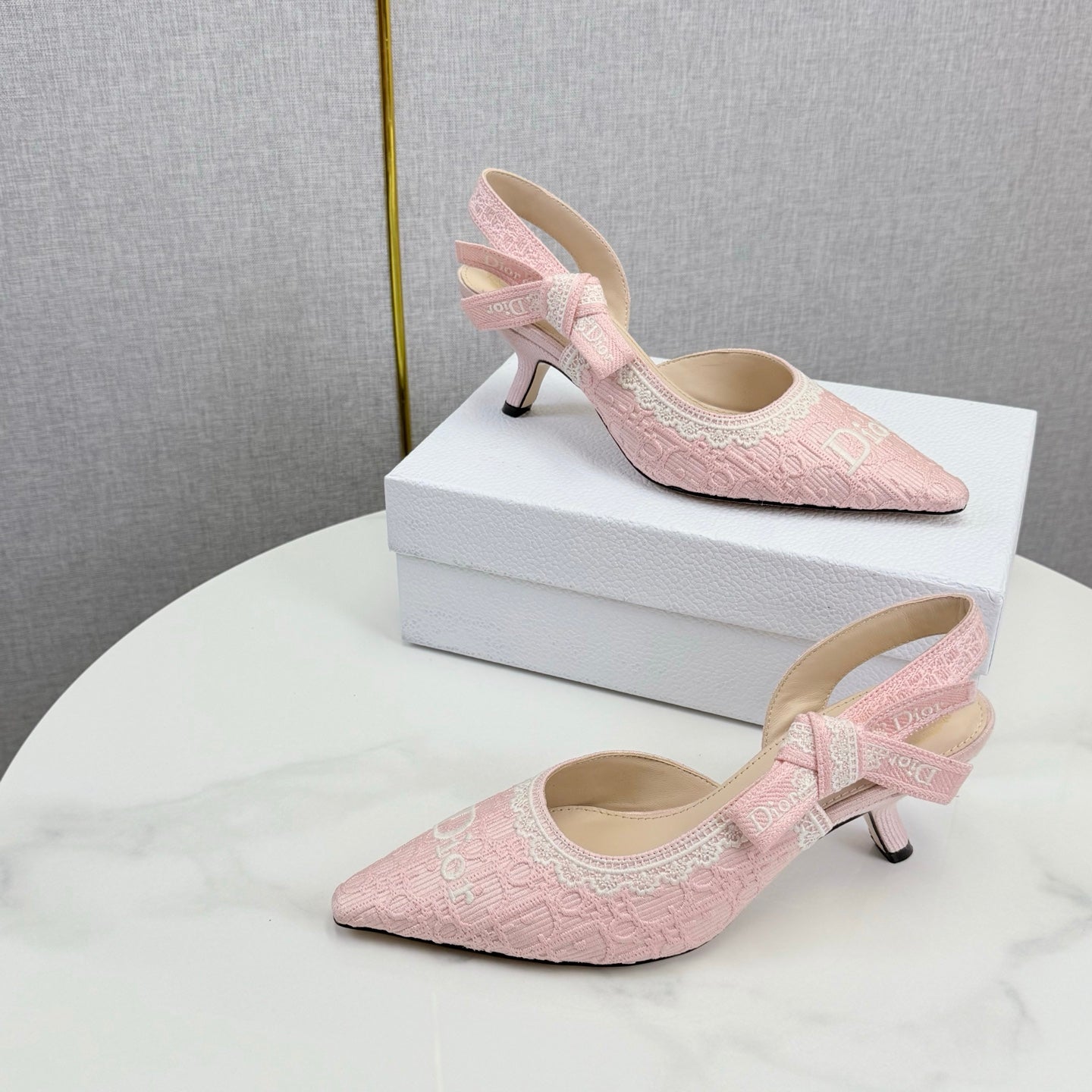 DIOR 26S SLINGBACK PUMPS IN PINK FABRIC EMBOSSED LOGO