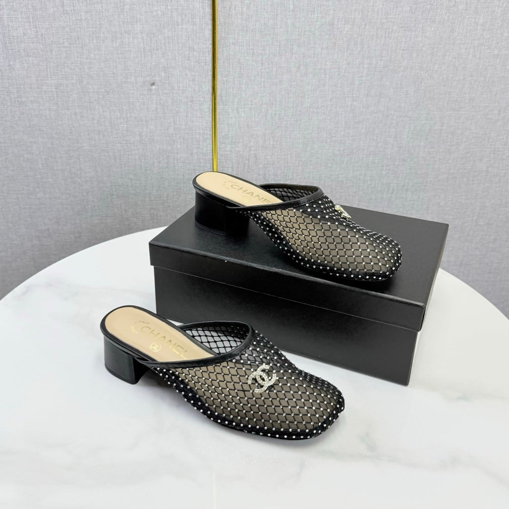 CHANEL 26S MESH HIGH HEEL MULES IN BLACK LAMBSKIN
