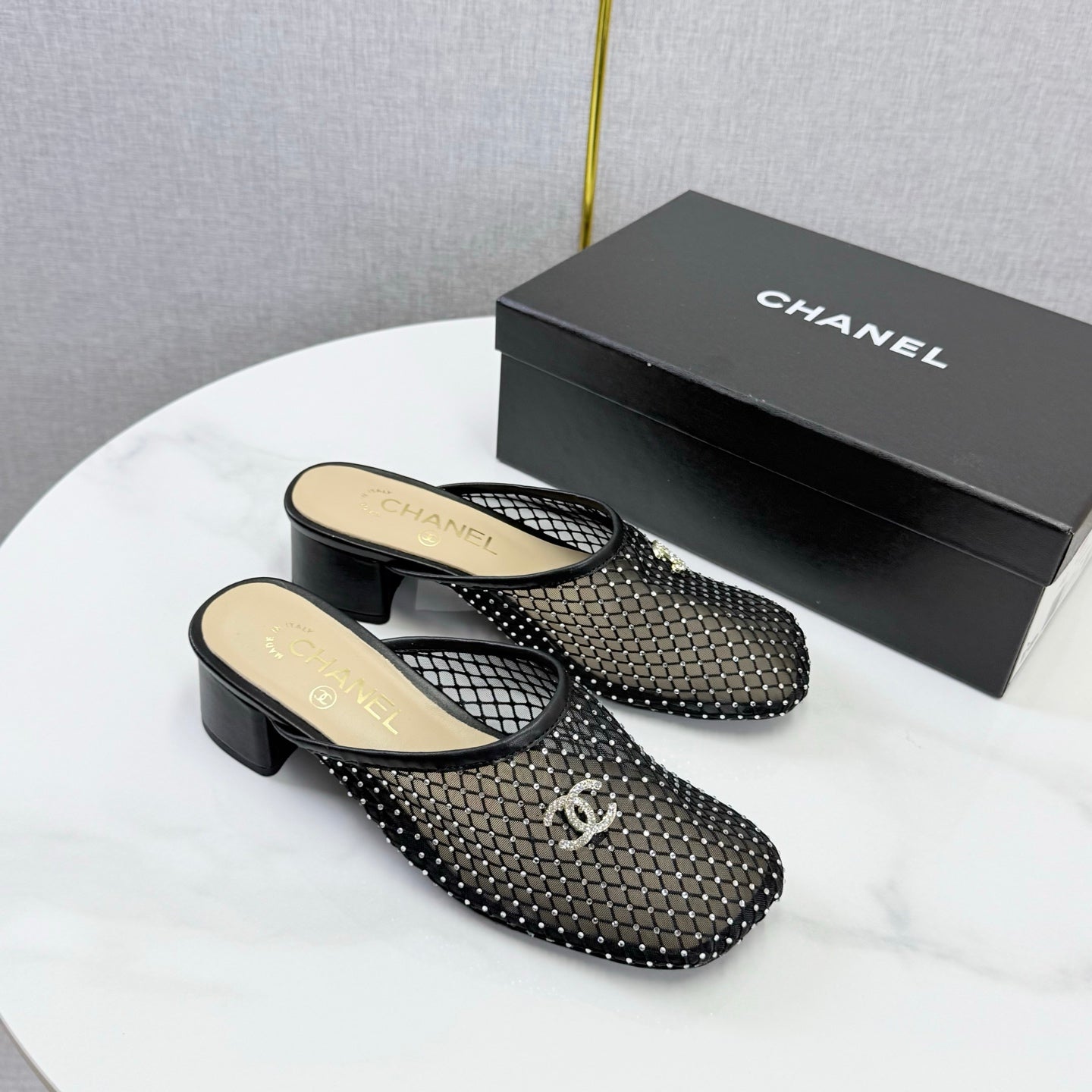 CHANEL 26S MESH HIGH HEEL MULES IN BLACK LAMBSKIN