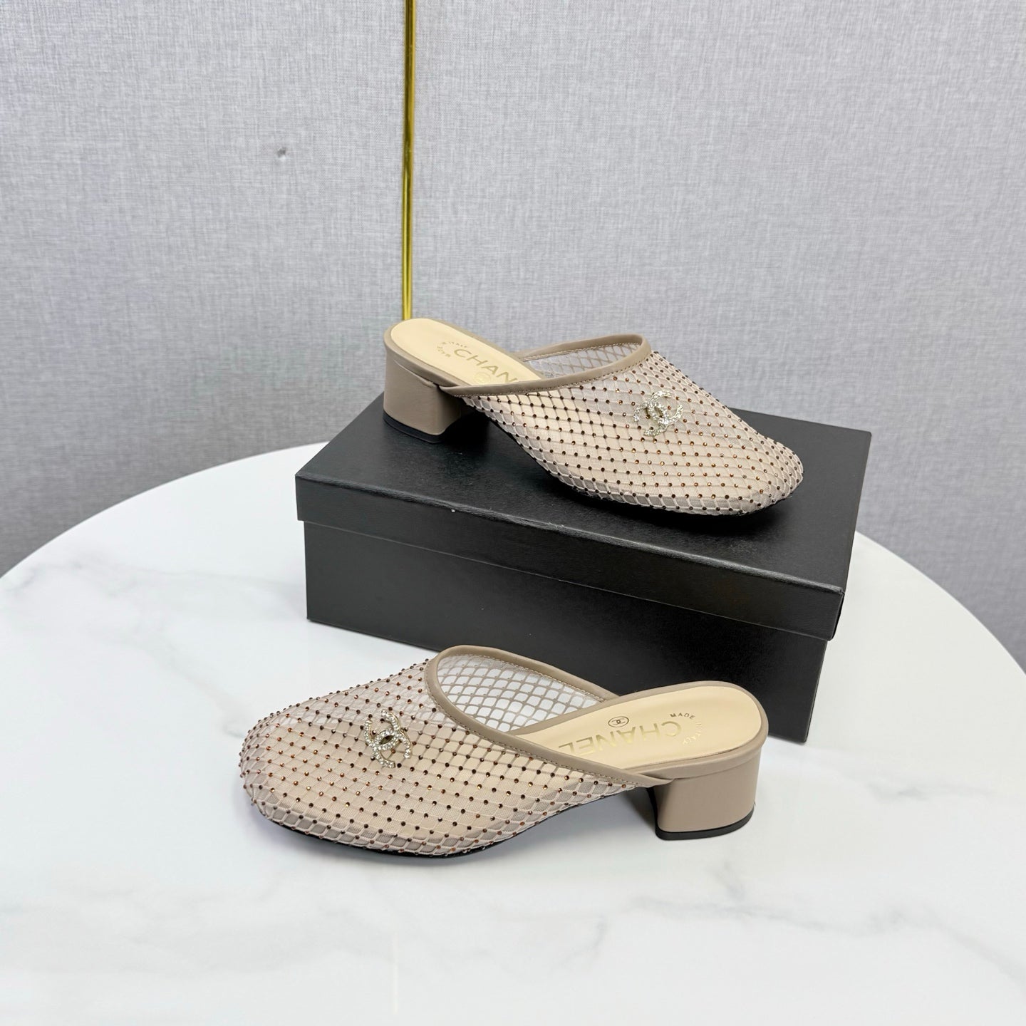 CHANEL 26S MESH HIGH HEEL MULES IN BEIGE LAMBSKIN