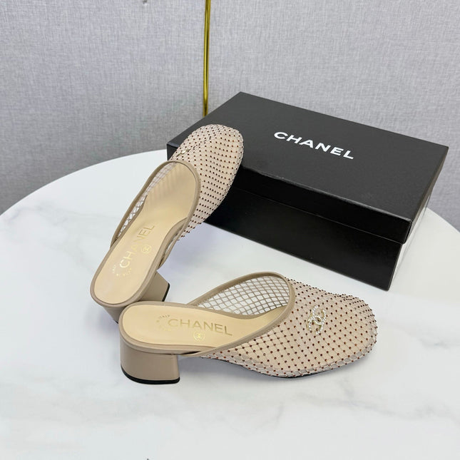 CHANEL 26S MESH HIGH HEEL MULES IN BEIGE LAMBSKIN
