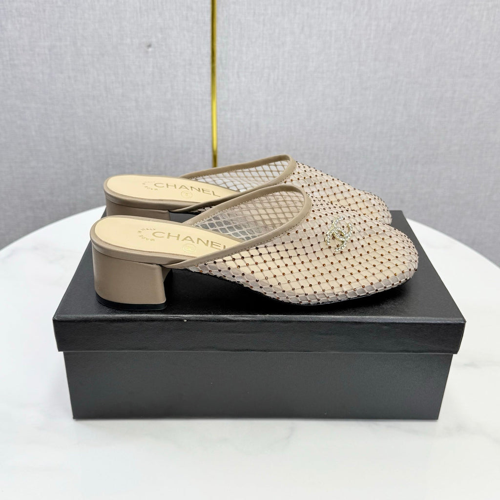 CHANEL 26S MESH HIGH HEEL MULES IN BEIGE LAMBSKIN