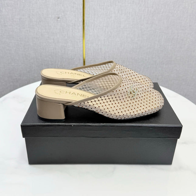 CHANEL 26S MESH HIGH HEEL MULES IN BEIGE LAMBSKIN