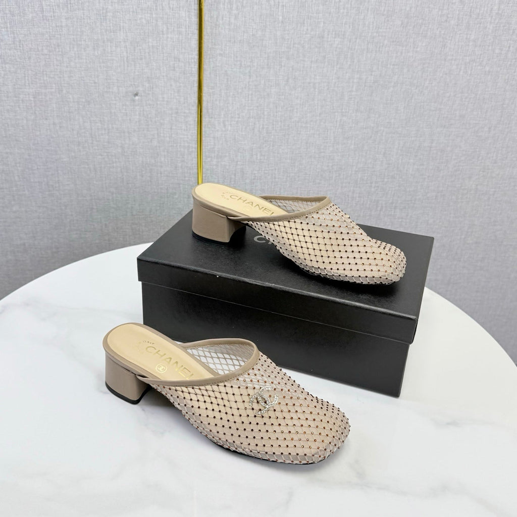 CHANEL 26S MESH HIGH HEEL MULES IN BEIGE LAMBSKIN